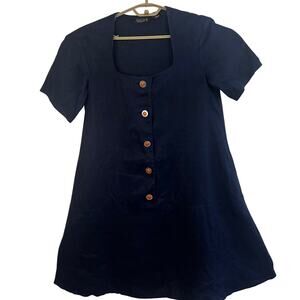 Vintage Gillian 100% Linen Navy A-Line Dress Mod Buttons Pockets Korea Size 8